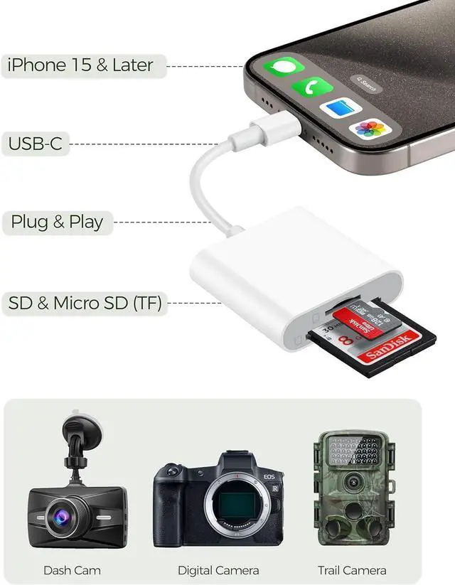 Alt view image 3 of 7 - USB-C SD Card Reader for iPhone 15 16 Pro Max/iPad/Mac/MacBook 2-in-1 Digital Camera Memory Card Adapter for SD and Micro SD Cards