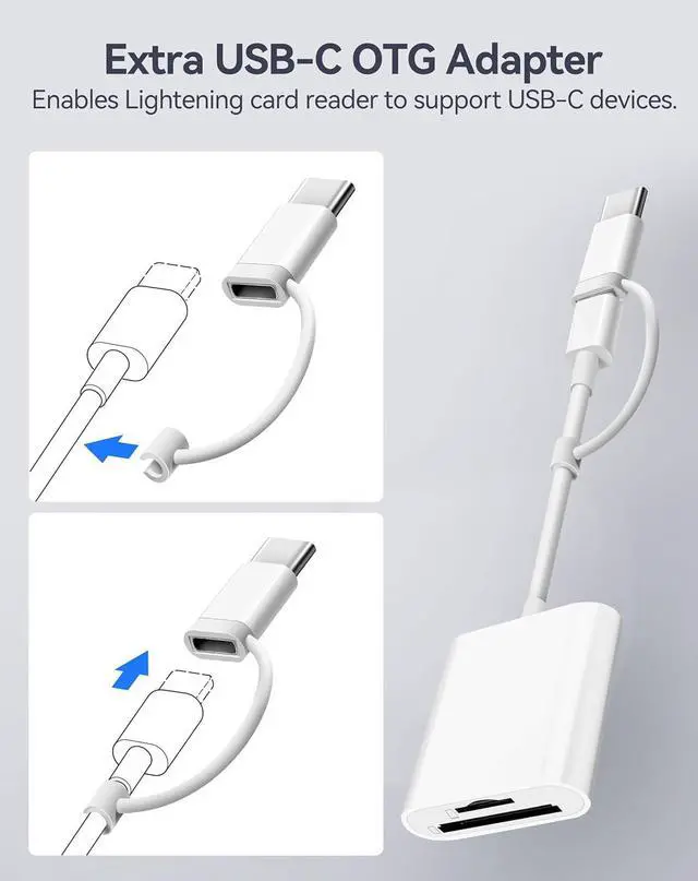 Alt view image 3 of 7 - SD Card Reader for iPhone iPad Lightening& USB-C Dual Connector Memory SD Card Adapter Support SD/MicroSD Cards High-Speed Digital Trail Game Camera to iPhone Viewer Plug and Play - White