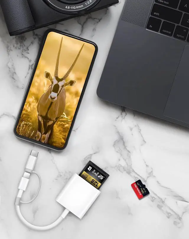 Alt view image 4 of 7 - SD Card Reader for iPhone iPad Lightening& USB-C Dual Connector Memory SD Card Adapter Support SD/MicroSD Cards High-Speed Digital Trail Game Camera to iPhone Viewer Plug and Play - White