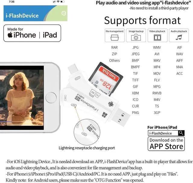 Alt view image 2 of 6 - 4-in-1 USB 3.0 SD/Micro SD Card Reader for iPhone iPad Android Mac Computer Camera Trail Camera Viewer Portable Memory Card Reader Adapter for iPhone ipad Charge(White)