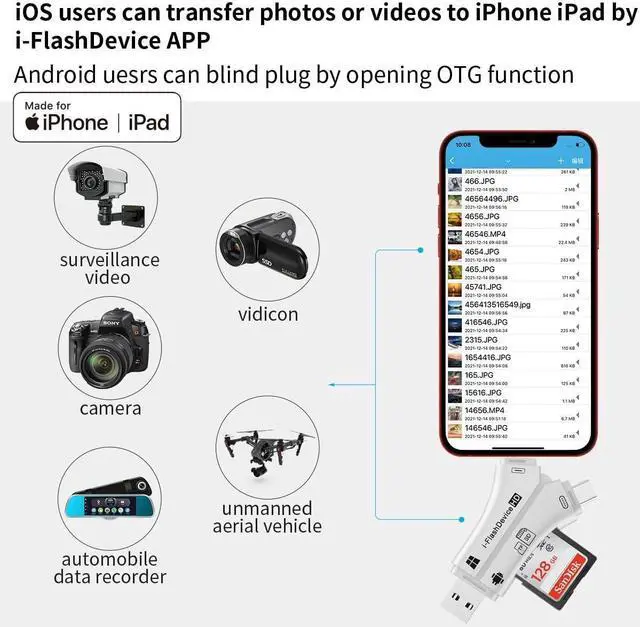 Alt view image 3 of 6 - 4-in-1 USB 3.0 SD/Micro SD Card Reader for iPhone iPad Android Mac Computer Camera Trail Camera Viewer Portable Memory Card Reader Adapter for iPhone ipad Charge(White)