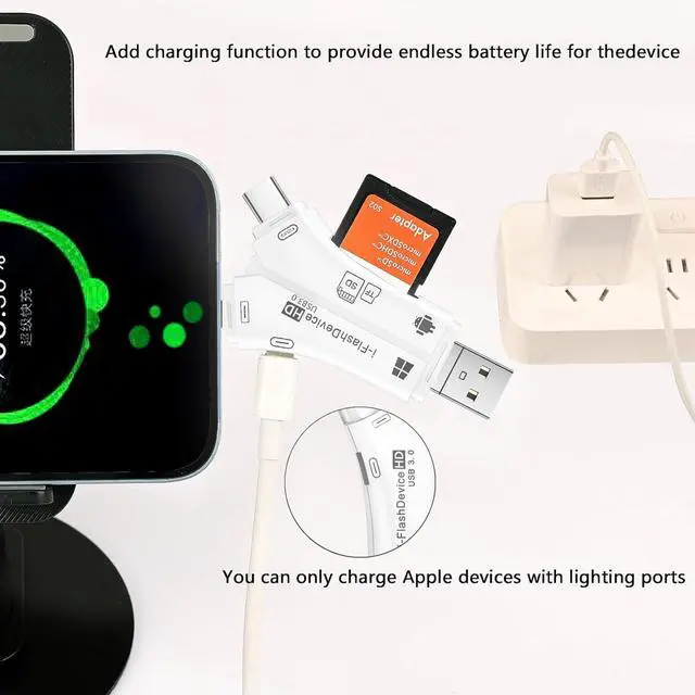 Alt view image 6 of 6 - 4-in-1 USB 3.0 SD/Micro SD Card Reader for iPhone iPad Android Mac Computer Camera Trail Camera Viewer Portable Memory Card Reader Adapter for iPhone ipad Charge(White)