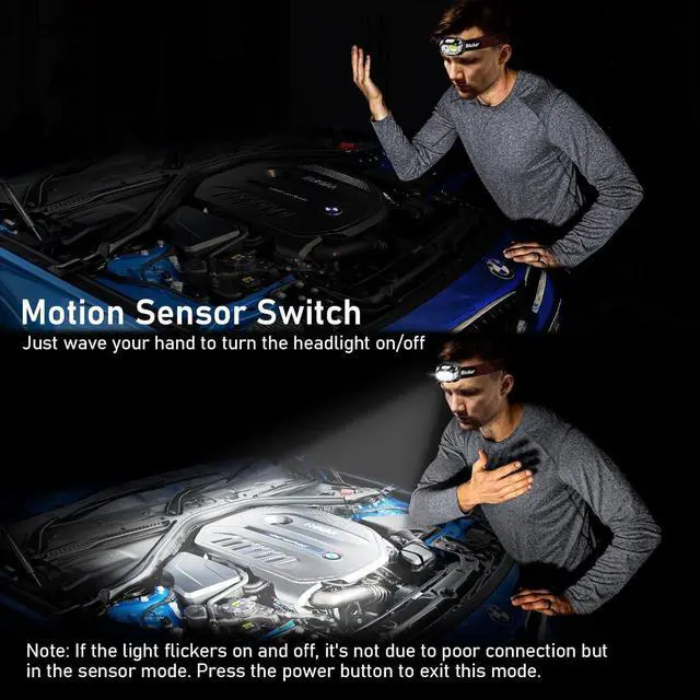 Alt view image 4 of 7 - LED Headlamp Rechargeable 2000L Super Bright Headlight with Motion Sensor -Dimmable Brightness 8 Modes Spotlight&Floodlight&Red Light Combination IPX5 Waterproof for Hiking Camping - 2 Pack