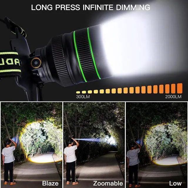 Alt view image 3 of 7 - 2000LM Super Bright LED Rechargeable Headlamp Zoomable Head lamp with 5 Lighting Modes 90° Adjustable & IP67 Waterproof for Camping | Hiking | Climbing | Fishing | Hunting | Auto Repair