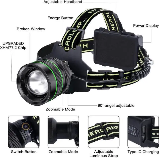 Alt view image 6 of 7 - 2000LM Super Bright LED Rechargeable Headlamp Zoomable Head lamp with 5 Lighting Modes 90° Adjustable & IP67 Waterproof for Camping | Hiking | Climbing | Fishing | Hunting | Auto Repair