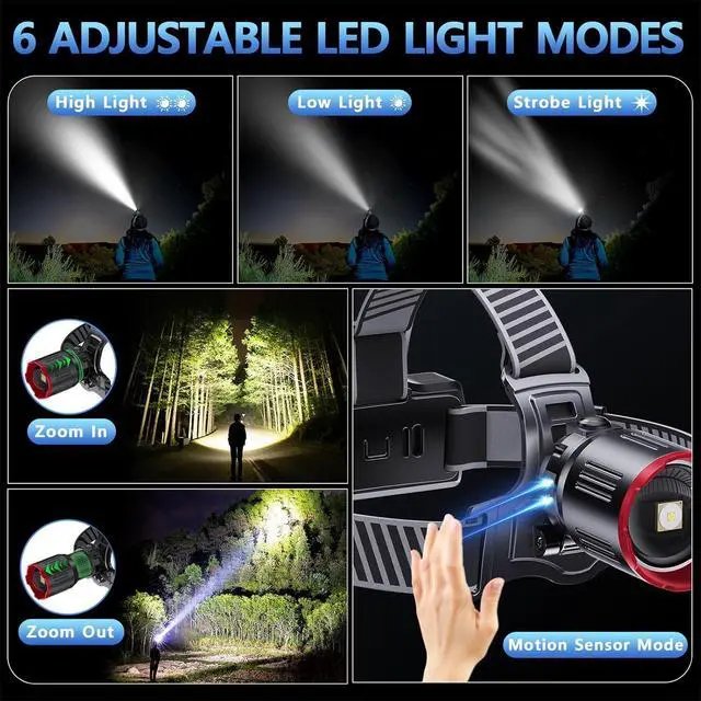 Alt view image 3 of 7 - 2000 LUMENS LED Rechargeable Head Lamps Zoomable Headlamp with 6 Modes & IPX7 Waterproof 120° Adjustable Head Lights for Forehead for Outdoor Camping Hard Hat Hunting Running