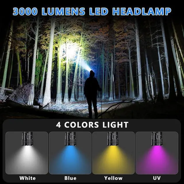 Alt view image 2 of 7 - Led Headlamp Rechargeable 3000 Lumens Super Bright 4 Colors(BU/WH/YE) & UV Head Lamp with Motion Sensor &Zoomable 90°Adjustable & IPX7 Waterproof Headlight for Fishing Hard Hat Camping Hunting