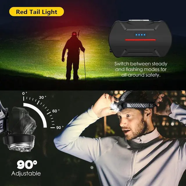 Alt view image 4 of 6 - Rechargeable Headlamp High Lumen Bright 5 LED Head Lamp with Red White Light IPX4 Waterproof Headlight 8 Mode Head Flashlight for Outdoor Running Hunting Fishing Hiking Camping Gear