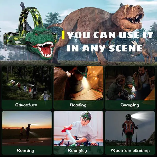 Alt view image 4 of 7 - Kids Headlamp Rechargeable T-Rex Dinosaur Headlamp for Kids and LED Head Lamp Camping Gear Flashlight Hiking Accessories Headlight Toys Four Light Modes Suitable for Reading/Party Gift