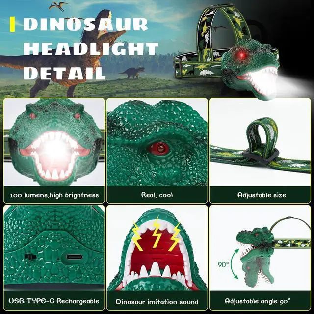 Alt view image 5 of 7 - Kids Headlamp Rechargeable T-Rex Dinosaur Headlamp for Kids and LED Head Lamp Camping Gear Flashlight Hiking Accessories Headlight Toys Four Light Modes Suitable for Reading/Party Gift