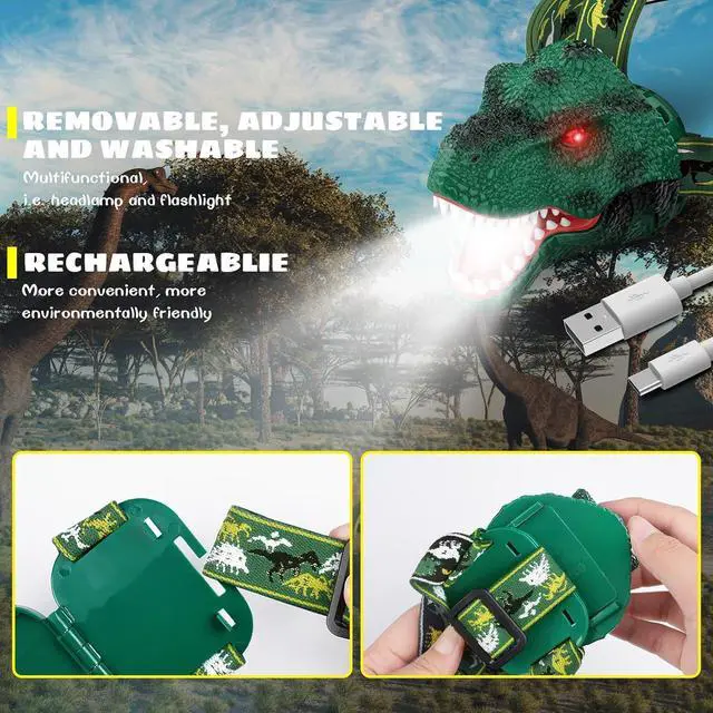 Alt view image 7 of 7 - Kids Headlamp Rechargeable T-Rex Dinosaur Headlamp for Kids and LED Head Lamp Camping Gear Flashlight Hiking Accessories Headlight Toys Four Light Modes Suitable for Reading/Party Gift
