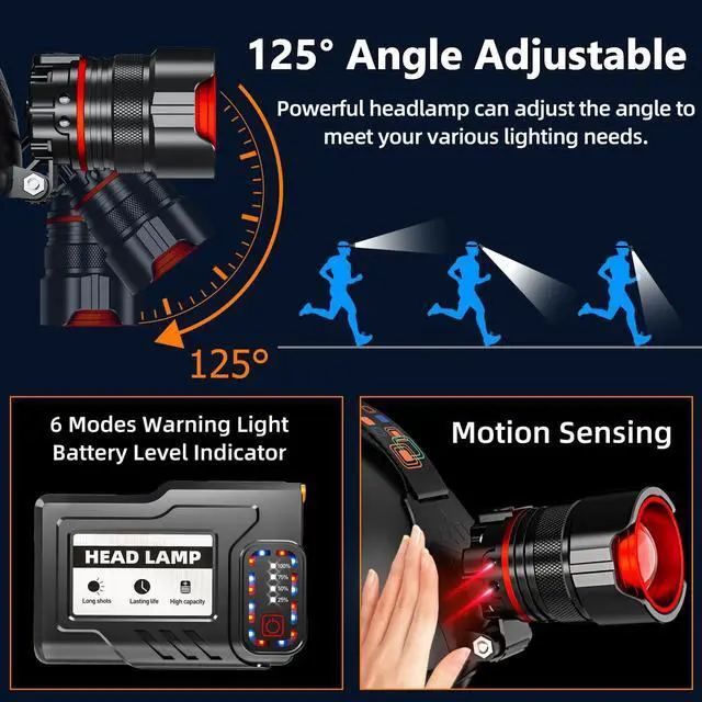 Alt view image 6 of 7 - Rechargeable Headlamp High Lumens Super Bright LED Head Lamp with Motion Sensor 12 Modes IPX7 Waterproof 125° Adjustable Zoomable Headlight for Adults Camping Cycling Running
