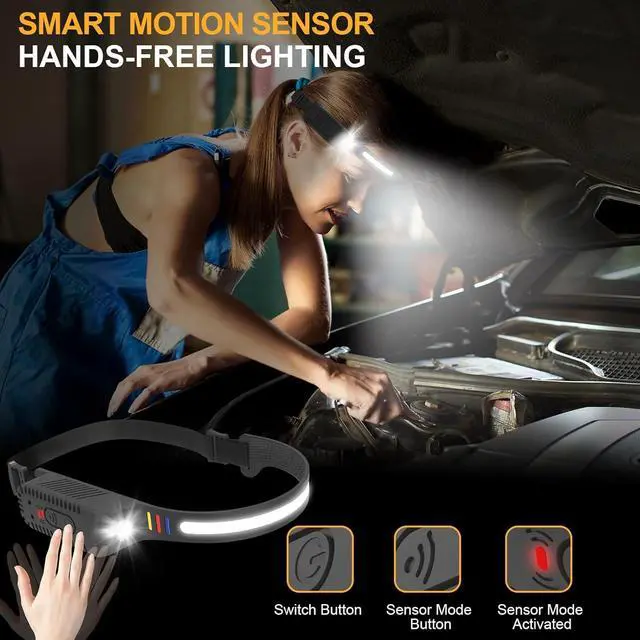 Alt view image 5 of 7 - Headlamp Rechargeable 2pcs 230° Wide Beam Head Lamp with Motion Sensor - Camping Essentials Waterproof LED Head Light Flashlight for Hiking Fishing Biking Working and Gift