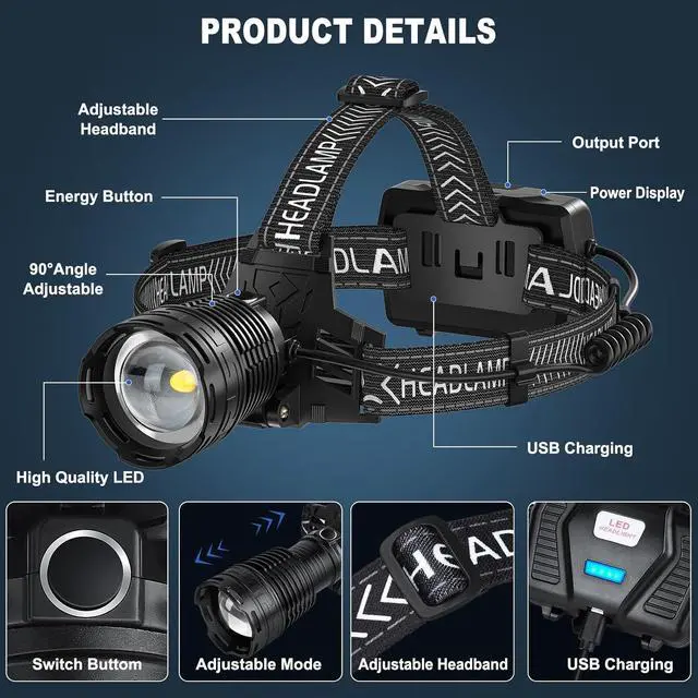 Alt view image 7 of 7 - Rechargeable Headlamp 3000 Lumens LED Head Lamp with 3 Light Modes USB Rechargeable 90°Adjustable Waterproof Super Bright Headlamps for Adults Camping Running Biking (ATTERY Included)