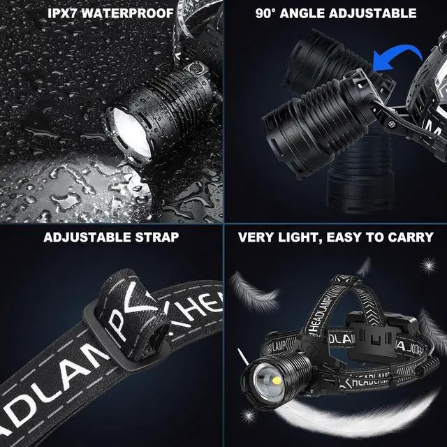 Alt view image 6 of 7 - Rechargeable Headlamp 3000 Lumens LED Head Lamp with 3 Light Modes USB Rechargeable 90°Adjustable Waterproof Super Bright Headlamps for Adults Camping Running Biking (ATTERY Included)