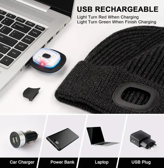Alt view image 2 of 6 - Unisex Hat with Light USB Rechargeable LED Beanie Winter Warm Knitted Headlamp Hat Gifts for Men Him Dad Husband