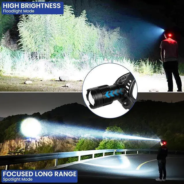 Alt view image 5 of 7 - LED Headlamp Rechargeable 2Pack 3000 Lumens Bright Head Lamp 90° Adjustable Head Lights for Forehead with 3 Modes Long Runtime & Waterproof Headlamps for Adults Camping Hiking