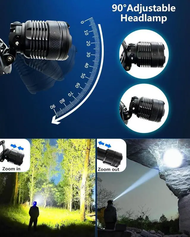 Alt view image 7 of 7 - Headlamp Rechargeable -100 000LM Bright LED Head Lamp 40H Runtime Waterproof Head Lights for Forehead 3Mode Headlight 90° Adjustable & Zoomable Headlamps for Adults Camping Fishing Hiking