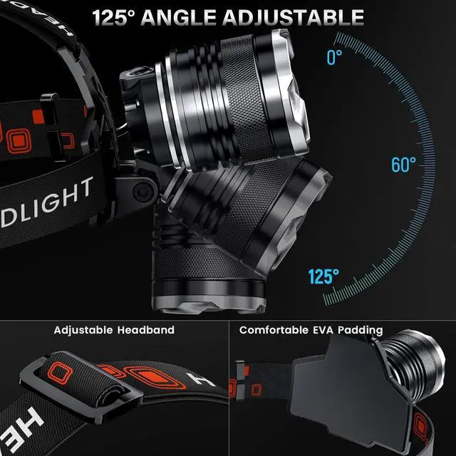 Alt view image 3 of 7 - LED Rechargeable Headlamp 4500 High Lumens, 95 Hours Endurance Head Lamp with Zoomable & 12 Modes & IPX7 Waterproof & 125° Adjustable, Super Bright Head Light for Outdoor, Camping, Hard Hat