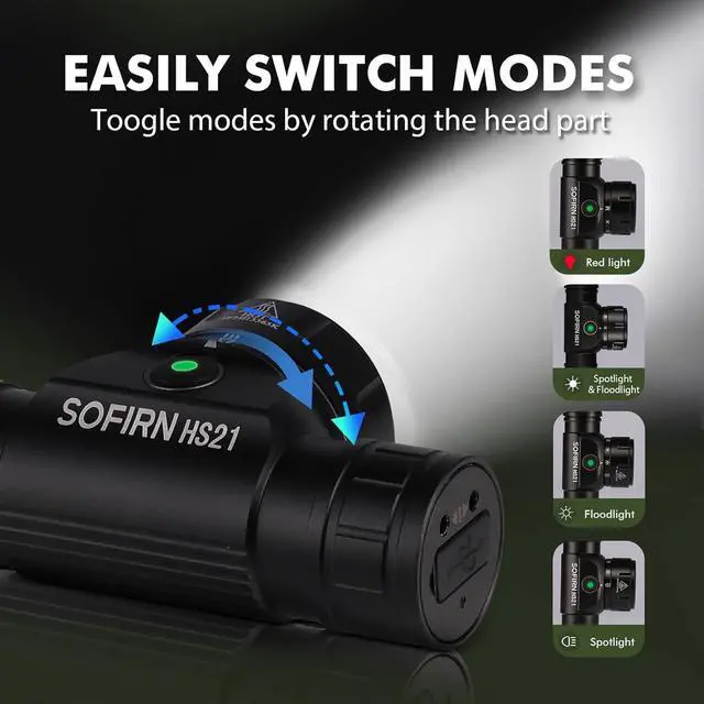 Alt view image 5 of 7 - Sofirn HS21 Headlamp with Red Light 2200 Lumen Led Bright Head lamp USB C Rechargeable with Spotlight Floodlight Powerful Headlight Waterproof for Adults Camping Hunting Hardhat Work Emergency