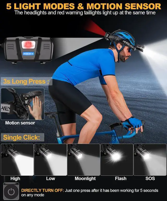 Alt view image 3 of 7 - High Lumens LED Headlamp& 100H Using Time USB Rechargeable Head lamp 90° Adjustable Widebeam Motion Sensor Head Light with 5 Modes Zoomable for Camping Running Hiking Hard Hat Headlamps 2pc