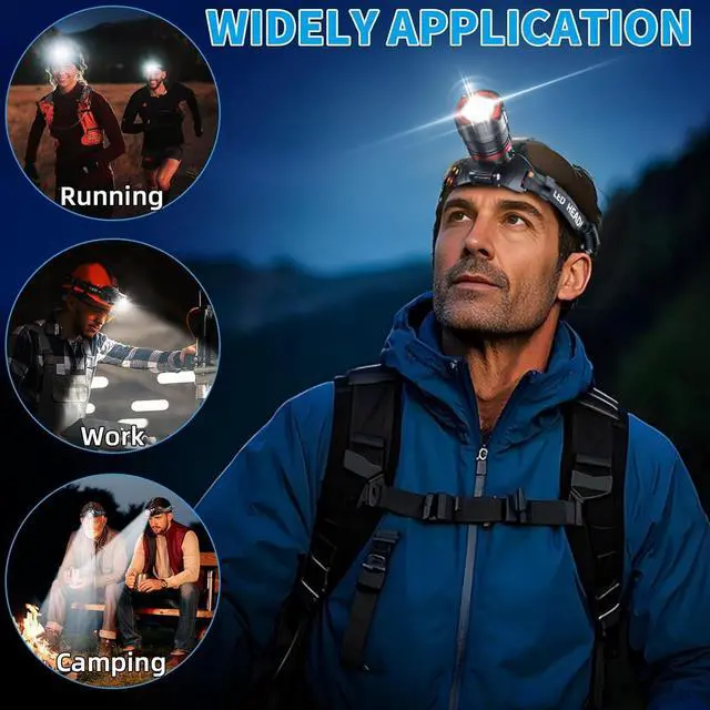 Alt view image 7 of 7 - Rechargeable LED Headlamps High lumens Headlamp with Motion Sensor & Zoomable 12 Modes IPX7 Waterproof Headlight for Forehead 125° Adjustable & Brightest Head Lamp for Adults Camping Hardhat