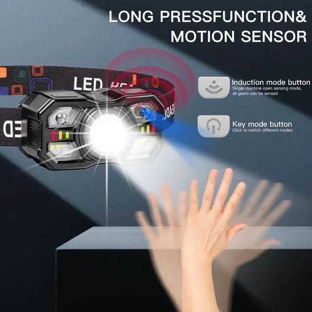 Alt view image 5 of 7 - 2 Pack Headlamp Flashlight Head Lamps led Rechargeable Headlight Motion Sensor Head Lamp 10 Mode for Outdoor Camping Gear Hiking Fishing Running Cycling Headlight Emergency Lights for Home