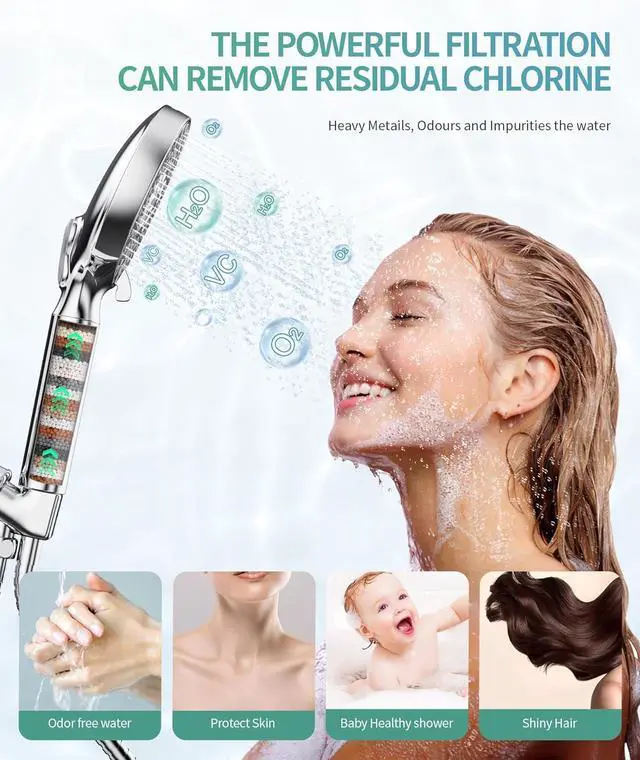 Alt view image 3 of 7 - Filtered Shower Head with Handheld High Pressure 9 Spray Mode Chrome Showerhead with Filters detachable shower head Water Softener Filters Beads for Hard Water -Remove Chlorine