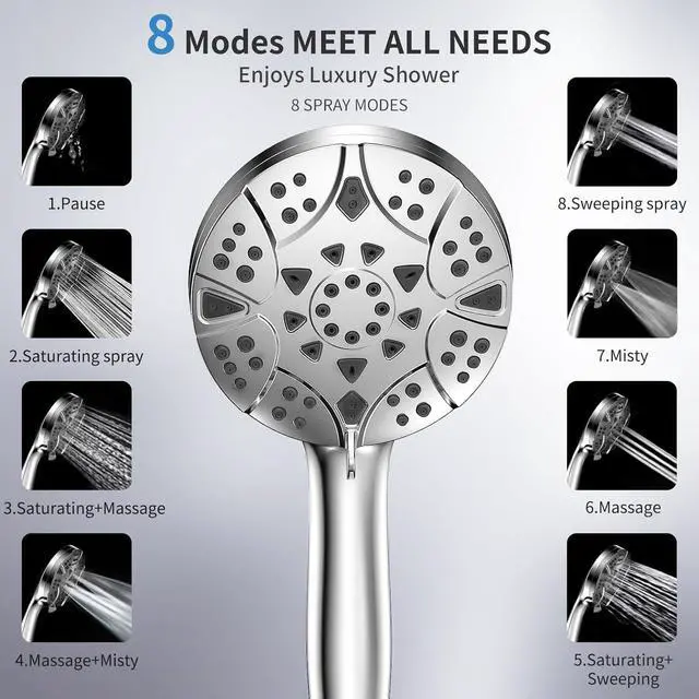 Alt view image 2 of 6 - High Pressure 8-mode 5 Handheld Shower Head with 5 ft Stainless Steel Hose and Adjustable Bracket Built-in Power Wash to Clean Tub Clean Corner Tile & Pets