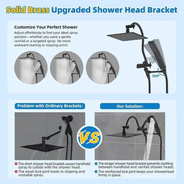 Alt view image 2 of 7 - All Metal Shower Head 10 High Pressure Rainfall Shower Head Showerhead Combo Handheld Shower Wand 12 Adjustable Curved Shower Extension Arm 71 Hose Shower Head Holder Matte Black