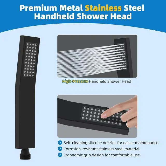 Alt view image 5 of 7 - All Metal Shower Head 10 High Pressure Rainfall Shower Head Showerhead Combo Handheld Shower Wand 12 Adjustable Curved Shower Extension Arm 71 Hose Shower Head Holder Matte Black