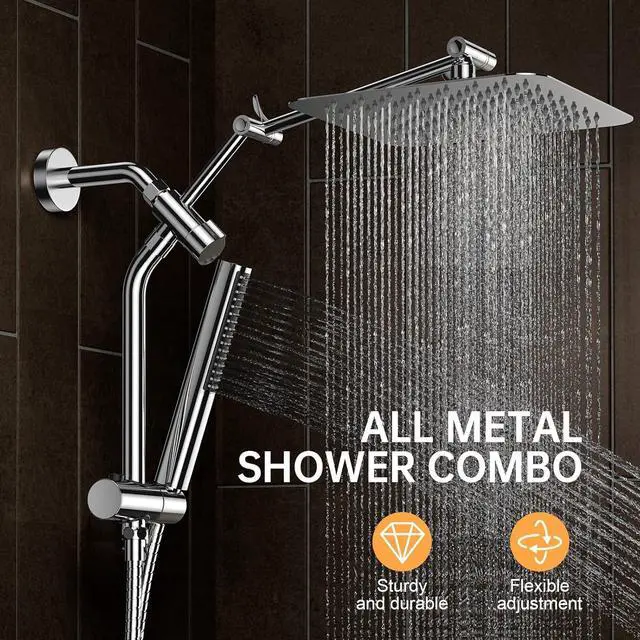 Alt view image 2 of 7 - 10 Luxurious All Metal Rain Shower Head with Handheld Spray Combo High Pressure Rainfall Square Shower Heads with Extention Arm Wide Dual Showerhead Bathroom Accessories Chrome Silver