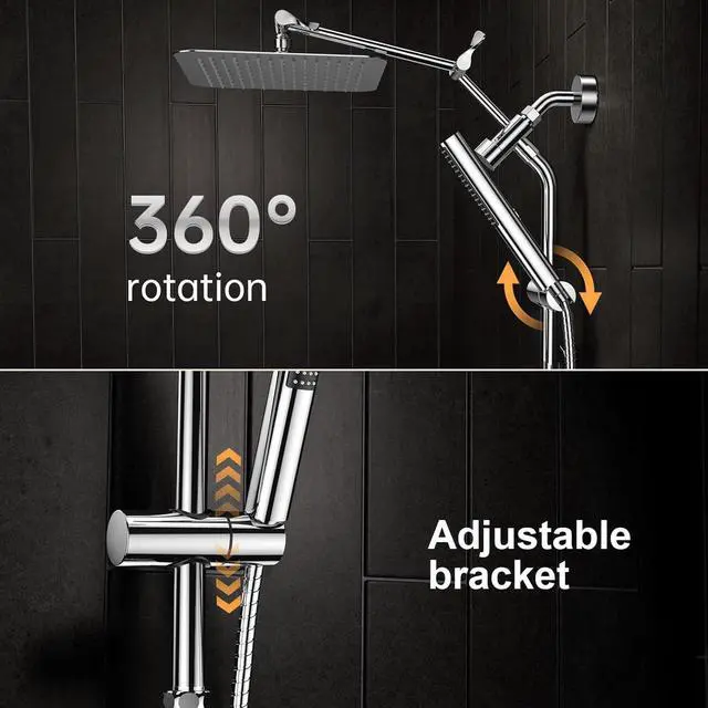Alt view image 3 of 7 - 10 Luxurious All Metal Rain Shower Head with Handheld Spray Combo High Pressure Rainfall Square Shower Heads with Extention Arm Wide Dual Showerhead Bathroom Accessories Chrome Silver