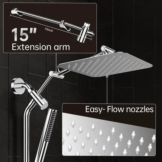 Alt view image 6 of 7 - 10 Luxurious All Metal Rain Shower Head with Handheld Spray Combo High Pressure Rainfall Square Shower Heads with Extention Arm Wide Dual Showerhead Bathroom Accessories Chrome Silver