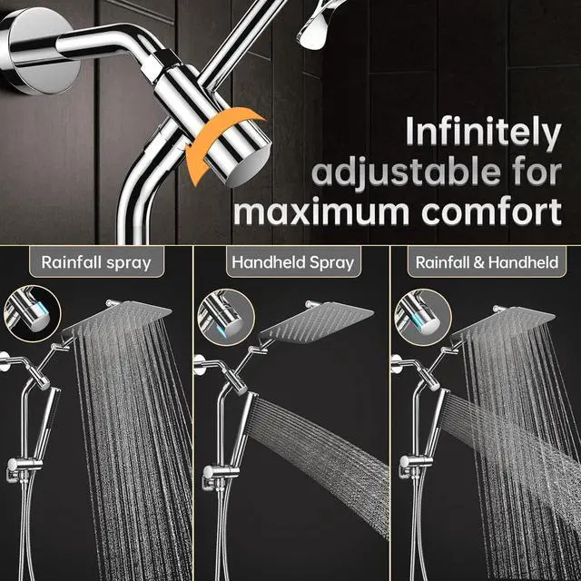 Alt view image 7 of 7 - 10 Luxurious All Metal Rain Shower Head with Handheld Spray Combo High Pressure Rainfall Square Shower Heads with Extention Arm Wide Dual Showerhead Bathroom Accessories Chrome Silver