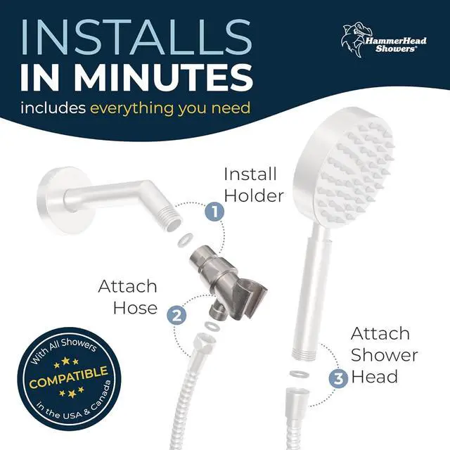 Alt view image 4 of 7 - ? All Metal Handheld Shower Head Holder - Brushed Nickel - Adjustable Shower Wand Holder with Universal Wall Hook Bracket and Brass Pivot Ball - Hand Held Shower Head Holder