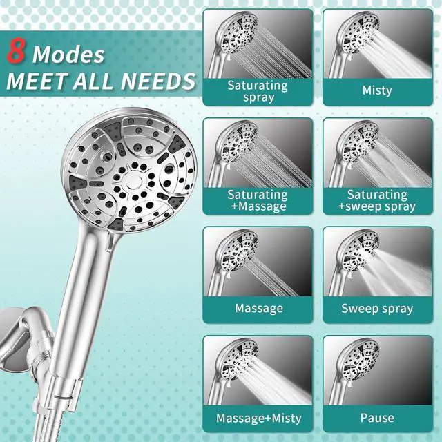 Alt view image 4 of 6 - Shower Head High Pressure 8-Mode Handheld Shower Heads - Anti-clog Nozzles with Stainless Steel Hose and Adjustable Overhead Bracket Handheld Spray Combo