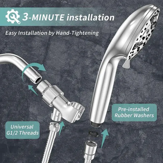 Alt view image 6 of 6 - Shower Head High Pressure 8-Mode Handheld Shower Heads - Anti-clog Nozzles with Stainless Steel Hose and Adjustable Overhead Bracket Handheld Spray Combo