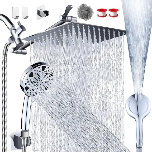 Main image of 12Rainfall Shower Head with Handheld Combo High Pressure 8+2 MODE built-in power wash Stainless Steel Chrome Showerhead with 11 Extension Arm Height/Angle Adjustable with Holder&60Hose