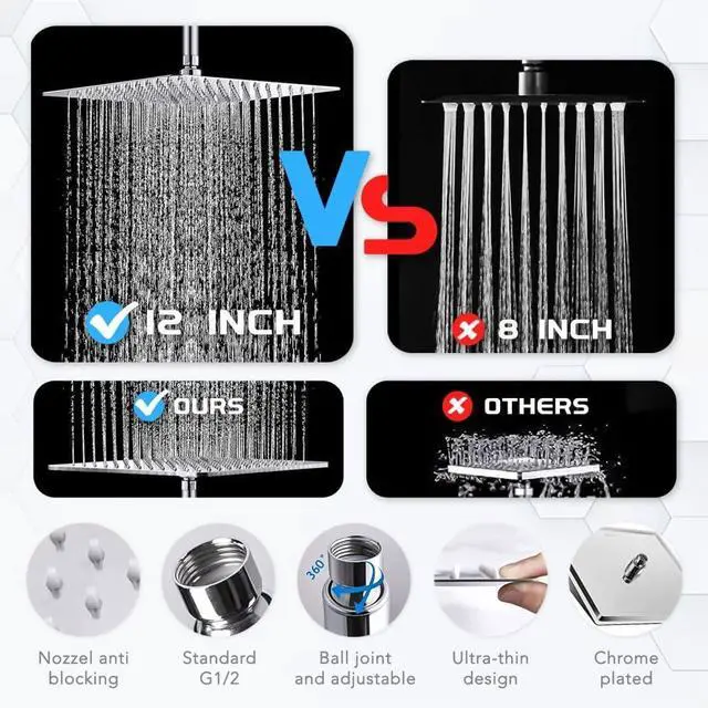 Alt view image 4 of 7 - 12Rainfall Shower Head with Handheld Combo High Pressure 8+2 MODE built-in power wash Stainless Steel Chrome Showerhead with 11 Extension Arm Height/Angle Adjustable with Holder&60Hose