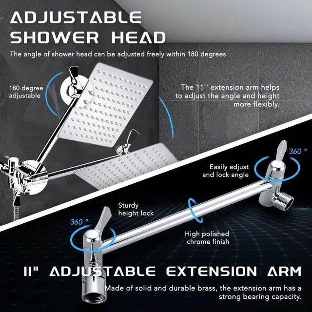 Alt view image 6 of 7 - 12Rainfall Shower Head with Handheld Combo High Pressure 8+2 MODE built-in power wash Stainless Steel Chrome Showerhead with 11 Extension Arm Height/Angle Adjustable with Holder&60Hose