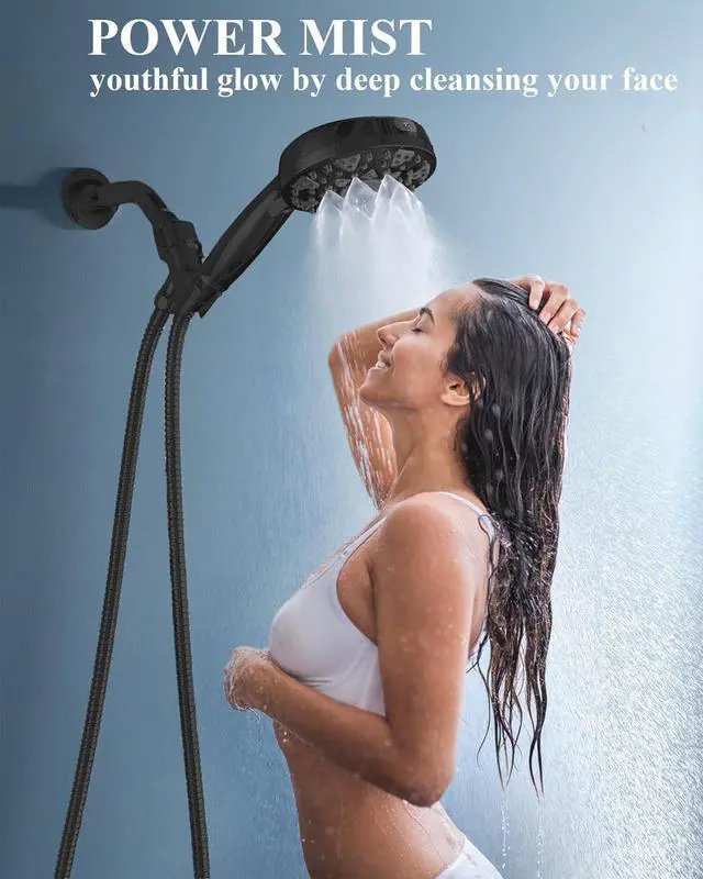 Alt view image 2 of 7 - Shower Head With Handheld High Pressure 7 modes, Built-in Power Wash to Clear Tub, Tile, 5" High Powerful Hand Held Rain Showerhead with Stainless Steel Hose and Adjustable Bracket (Matte Black)