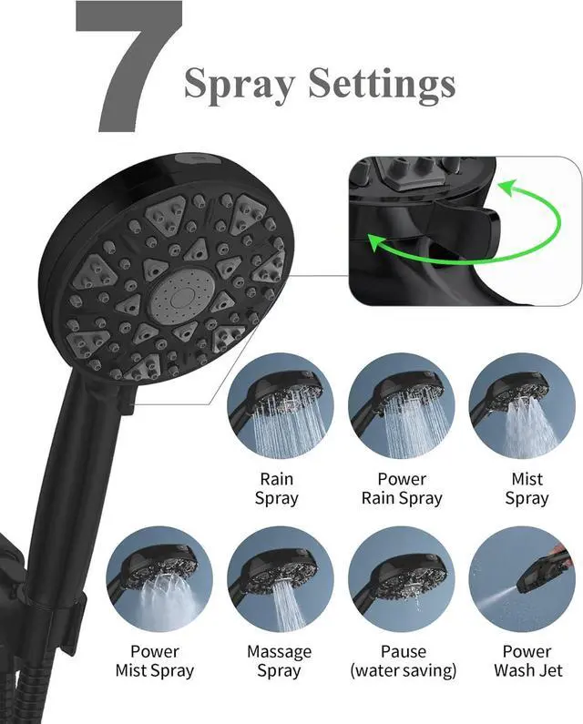 Alt view image 3 of 7 - Shower Head With Handheld High Pressure 7 modes, Built-in Power Wash to Clear Tub, Tile, 5" High Powerful Hand Held Rain Showerhead with Stainless Steel Hose and Adjustable Bracket (Matte Black)