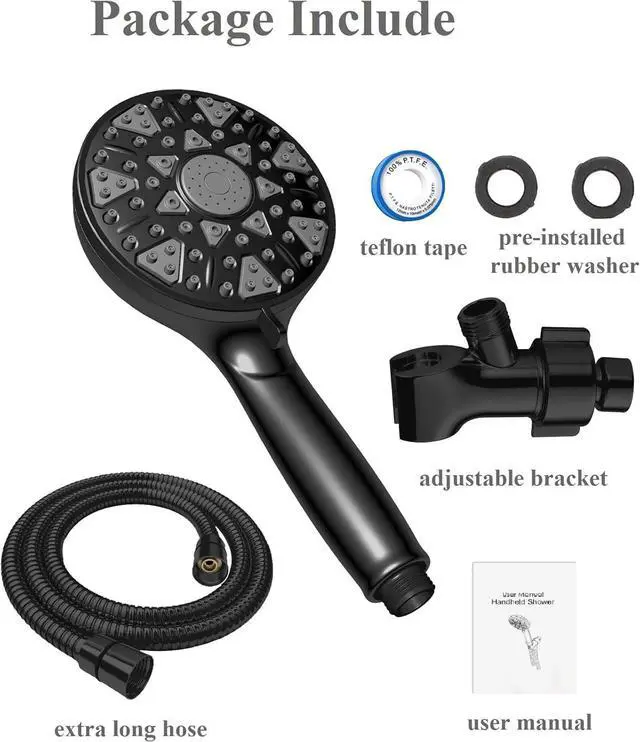 Alt view image 7 of 7 - Shower Head With Handheld High Pressure 7 modes, Built-in Power Wash to Clear Tub, Tile, 5" High Powerful Hand Held Rain Showerhead with Stainless Steel Hose and Adjustable Bracket (Matte Black)