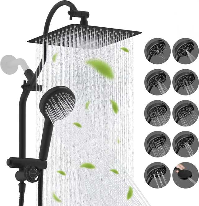 Main image of Hibbent High Pressue All Metal 10" Rainfall Shower Head, Handheld 10-Spray