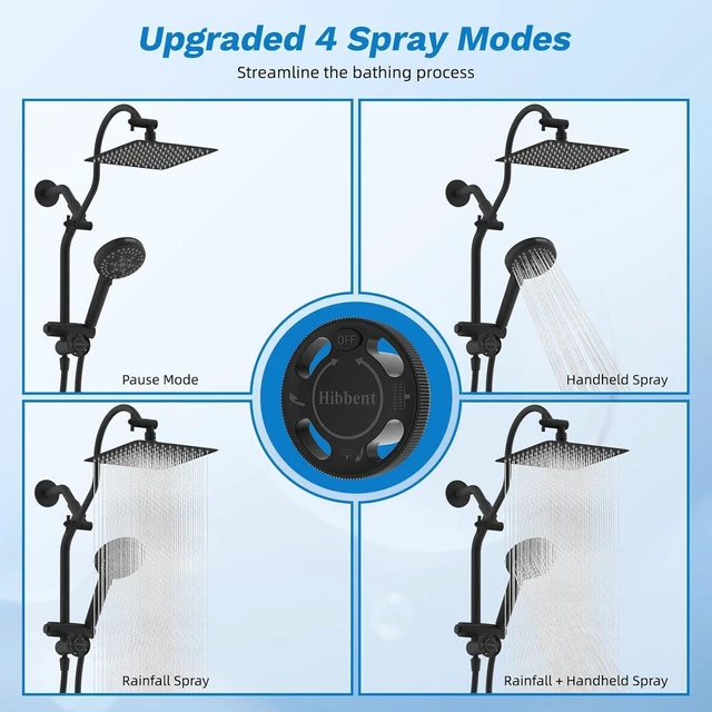 Alt view image 2 of 7 - Hibbent High Pressue All Metal 10" Rainfall Shower Head, Handheld 10-Spray
