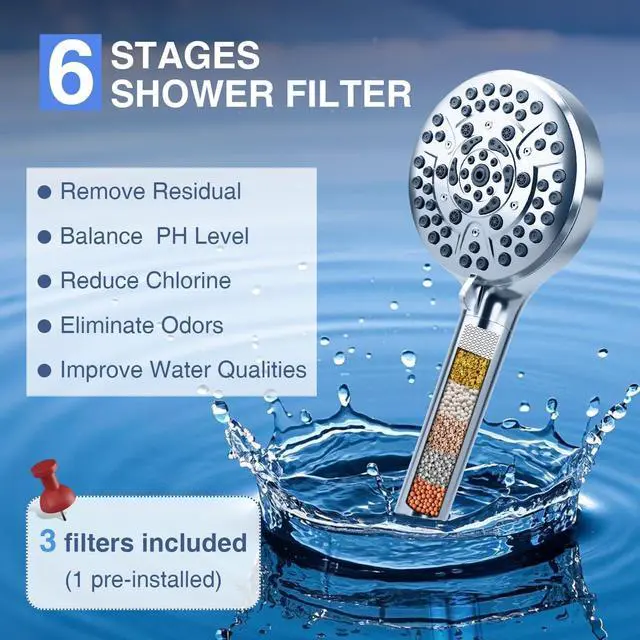 Alt view image 4 of 7 - Filtered Shower Head with Handheld High Pressure 10-Mode with Filters Built-in Power Wash soften hard water Remove Chlorine Reinforced Hose Overhead Bracket Anti-clog nozzle (Chrome)