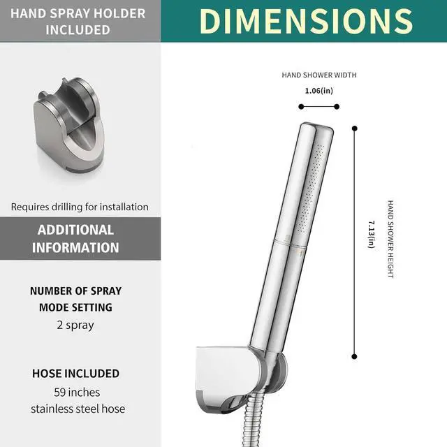 Alt view image 6 of 7 - Homipro Chrome Brass 2 In 1 Function High Flow Handheld Shower Head Set High Pressure 7 Inch Chrome Finish Shower Head Sprayer Hand Shower Wand with 59 Inch Hose Bracket