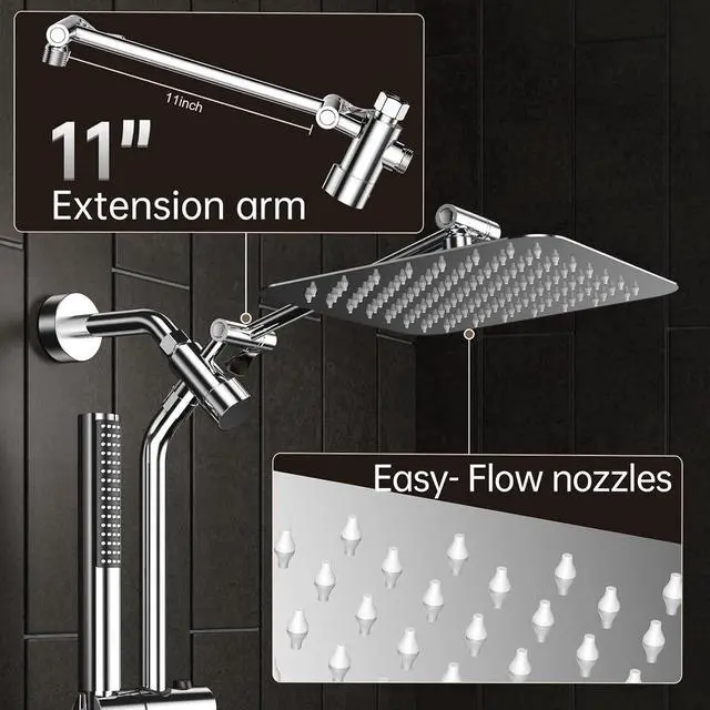 Alt view image 4 of 7 - Shower Head 10 Luxury All Metal Rain Shower Heads with Handheld Spray Combo Hand Held Bathroom Combo with Adjustable Extension Arm Bathroom Accessories Dual Rainfall Showerhead Chrome