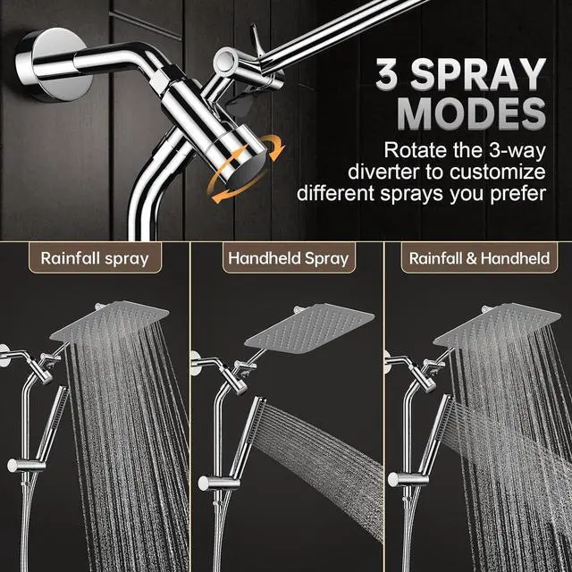 Alt view image 6 of 7 - Shower Head 10 Luxury All Metal Rain Shower Heads with Handheld Spray Combo Hand Held Bathroom Combo with Adjustable Extension Arm Bathroom Accessories Dual Rainfall Showerhead Chrome